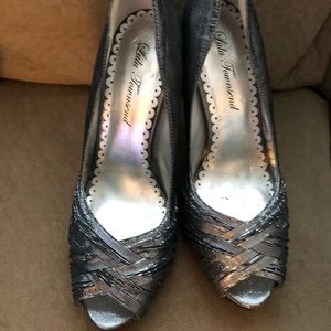 Silver, gray and black heels